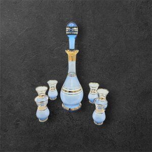 Vintage Bohemia Decanter Set with 6 Glasses Frosted Blue with Gold Gilt Trim